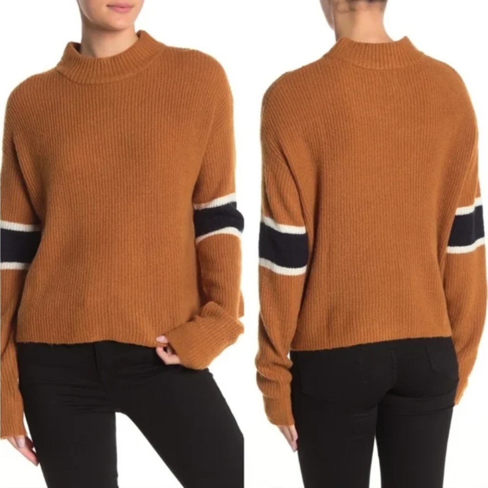 John + Jenn Brown Varsity Sleeve Stripe Mock Neck Pullover Sweater M